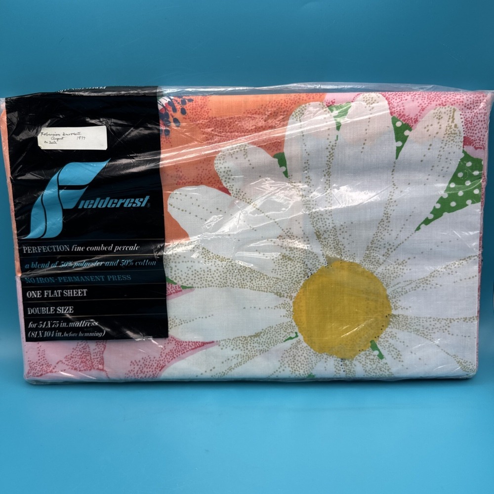 Vtg 70s Fieldcrest FULL Size Flat Sheet Saturdays Flower Power Mod Print Fabric